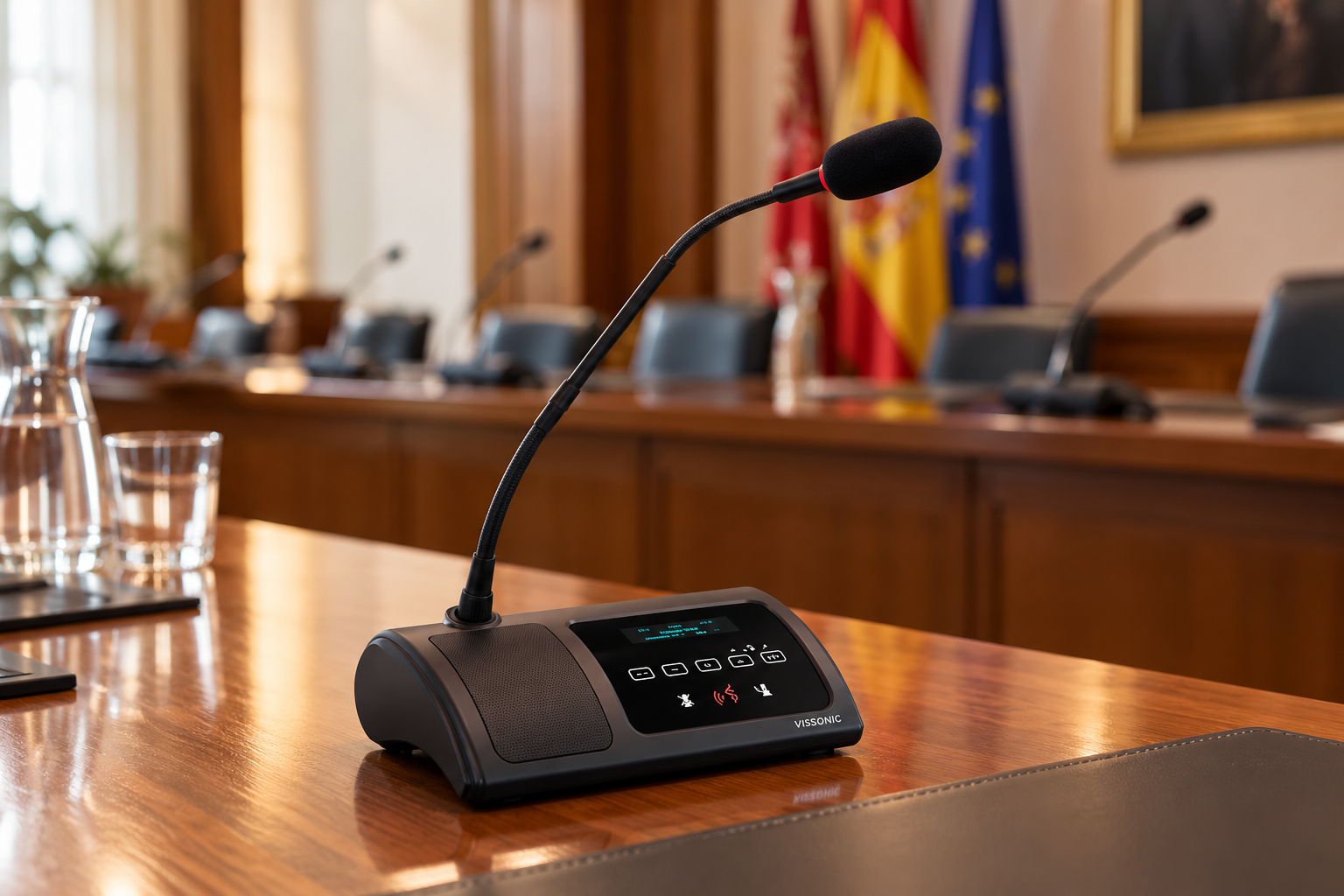 Micrófono de conferencia sobre mesa de madera